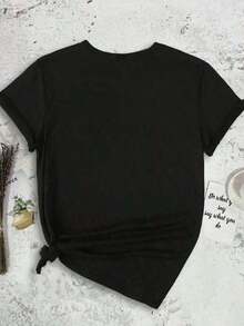 Camiseta casual de mujer con cuello redondo y estampado gráfico de copa de margarita, hoja de limón y letra, estilo Tequila Cocktail, suelta para primavera/verano, playeras de mujer - Negro - Ver 3
