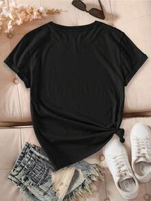 Camiseta de mujer de manga corta y cuello redondo, casual y de moda, esencial de verano, de alta calidad, con estampado gráfico - Negro - Ver 2