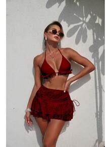 Bikini Sexy de 3 Piezas para Mujer con Falda Transparente de Malla, Color Sólido – Estilo Playa 2026 - 9384 Juego de tres piezas negro - Ver 8