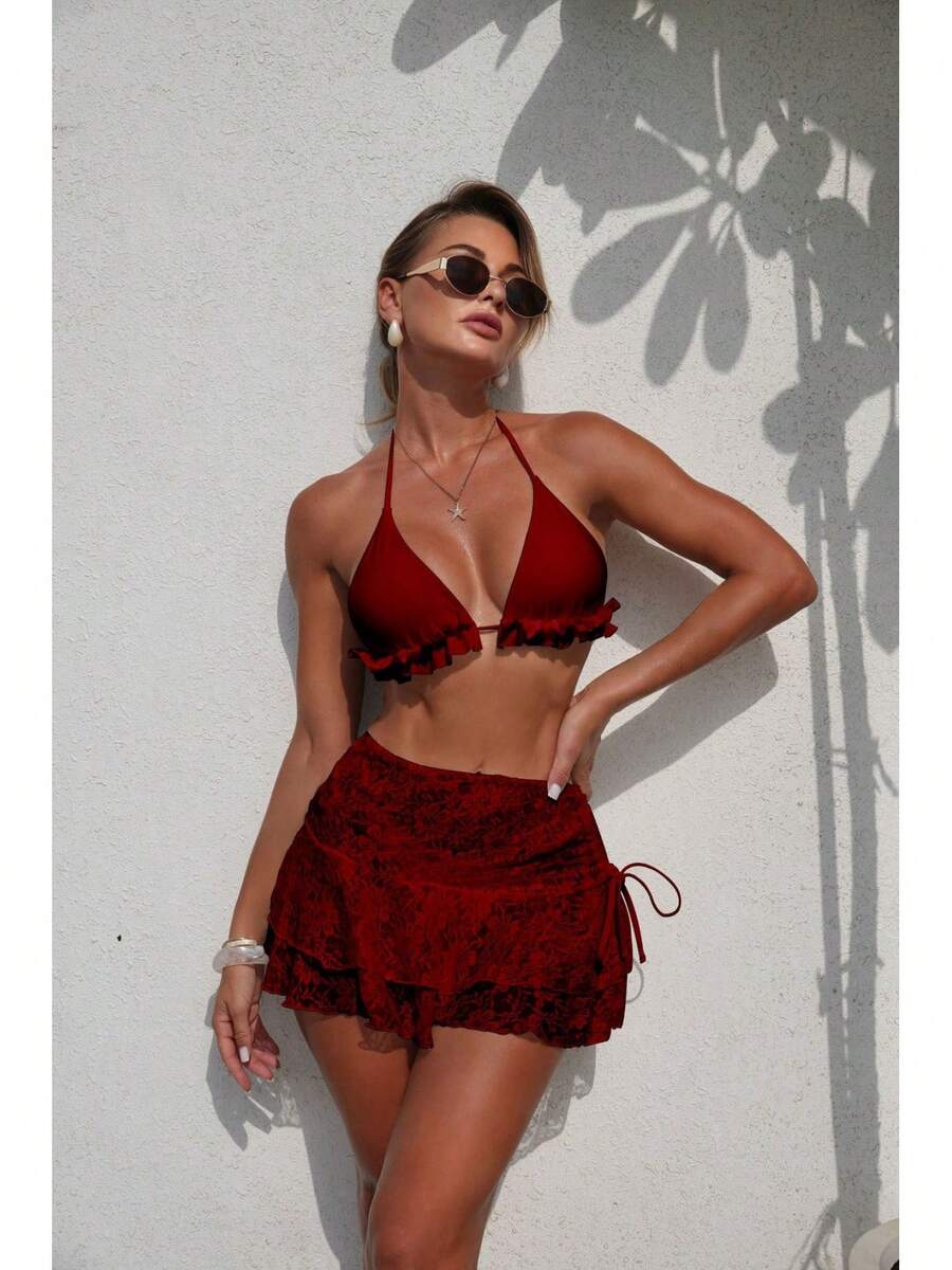 Bikini Sexy de 3 Piezas para Mujer con Falda Transparente de Malla, Color Sólido – Estilo Playa 2026 - 9384 Juego de tres piezas rojo - Ver 1