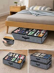1pc 12-Grid Foldable Fabric Shoe Box With Transparent Cover And Dual Handles - Non-Woven Material Under Bed Shoe Storage Box, Stackable To Save Space, Suitable For Sneakers, High Heels, Socks, Closet, Dorm And Bedroom - Dark Grey - View 10