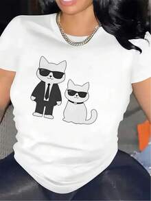 Camiseta de manga corta con gráfico de pareja de gato blanco |   Ligera y duradera, perfecta para uso casual en casa o en el restaurante, diseño elegante para la comodidad diaria, cuello redondo, tejido de elasticidad media - Negro - Ver 1