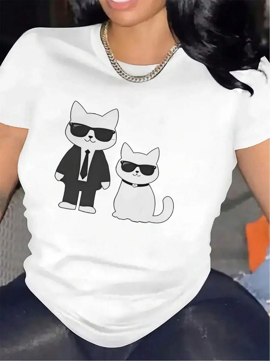 Camiseta de manga corta con gráfico de pareja de gato blanco |   Ligera y duradera, perfecta para uso casual en casa o en el restaurante, diseño elegante para la comodidad diaria, cuello redondo, tejido de elasticidad media - Negro - Ver 1