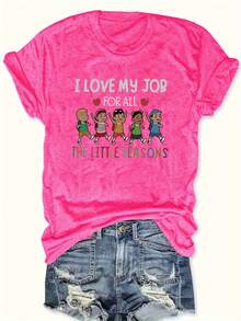 Plus Size - Plus Size Women'S Casual Crew Neck T-Shirt - "I Love My Job" Graphic Tee With Colorful Cartoon Characters, Short Sleeve, Lightweight & Breathable Fabric For Spring & Summer, Casual Wear | Playful Graphic Tee | Comfortable Fit - 玫紅色 - 查看 6