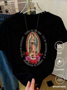Camiseta de cuello redondo y mangas cortas de ropa fashion, fabricada en México, para la temporada primavera-verano 2025. Con estampado de dibujos animados, es un modelo de pareja, apta para usar tanto por dentro como por fuera, ideal para oficina y estilo casual, diseñada para hombres y mujeres, en unidad individual. - Negro - Ver 1
