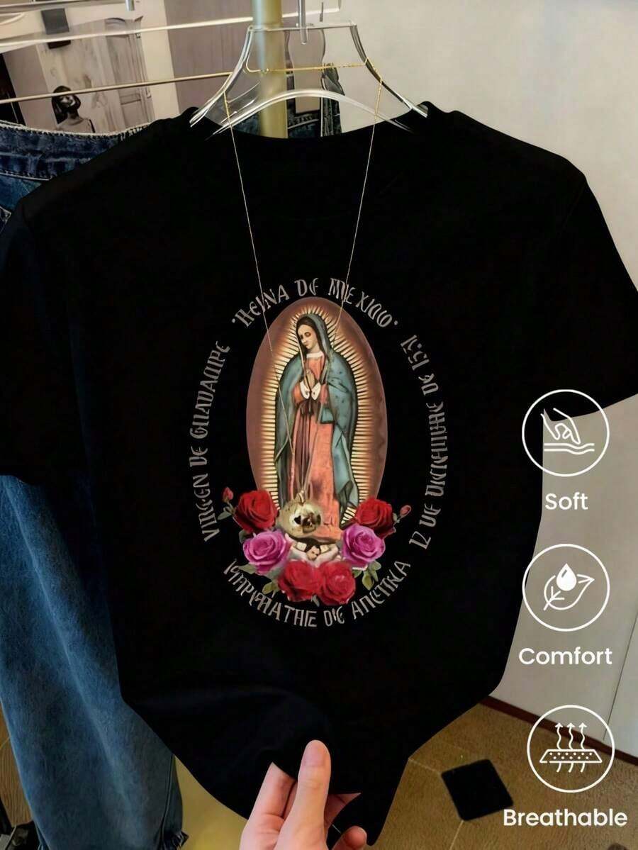 Camiseta de cuello redondo y mangas cortas de ropa fashion, fabricada en México, para la temporada primavera-verano 2025. Con estampado de dibujos animados, es un modelo de pareja, apta para usar tanto por dentro como por fuera, ideal para oficina y estilo casual, diseñada para hombres y mujeres, en unidad individual. - Negro - Ver 1