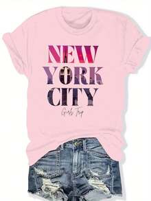 Camiseta estampada de diseño de nicho estilo , de manga corta y talla grande, top versátil para la calle en verano, top casual de cuello redondo, corte holgado y extragrande, para verano y primavera, ropa de mujer de talla grande. - Rosa - Ver 6