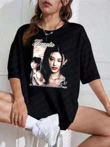 Camiseta Unisex con Estampado de Grupo K-Pop, Cuello Redondo, Manga Corta, Diseño Casual, Ideal para Fans - Negro - Ver 7