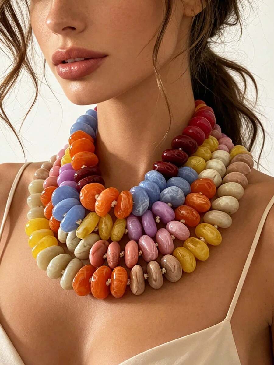 1 chiếc vòng cổ hạt nhựa nghệ thuật cổ điển tươi mới, ngọt ngào, nhiều màu sắc, kiểu dáng sang trọng, thích hợp đeo nhiều lớp, phụ kiện đa năng cho kỳ nghỉ. - Vòng cổ hạt nhiều màu - Xem 1
