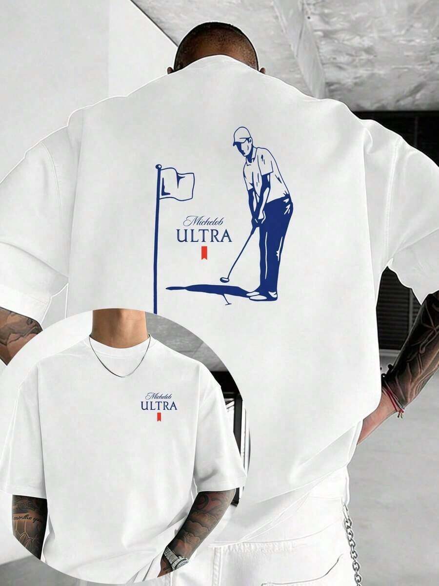 Gift: Men's "Michelob ULTRA" Summer T-Shirt, Golfer Design, Double-Sided Print, Short Sleeve T-Shirt, 100% Premium Cotton, Crew Neck, Soft And Breathable, Loose And Versatile Style, Unisex Casual T-Shirt, Perfect For Everyday Wear, Outdoor Activities Clothing, An Ideal Gift For Boyfriends, Gift For Men, Clothing For Male Golf Enthusiasts. - 白色 - 查看 1