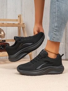 SOSENFER Sapatilhas de corrida casuais de malha para mulher, ténis de caminhada leves, design de cano baixo com atacadores, confortáveis, adequados para todas as estações, sapatos desportivos macios e confortáveis - Preto - Ver 5
