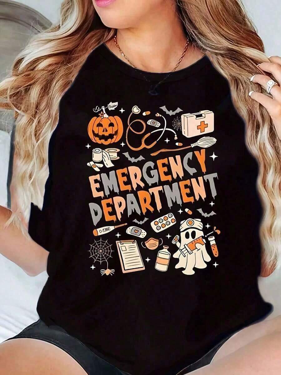 Divertida camiseta blanca con diseño "Emergency Department" Halloween, calabaza y elementos médicos, ideal para enfermeros y fiestas. - Negro - Ver 1
