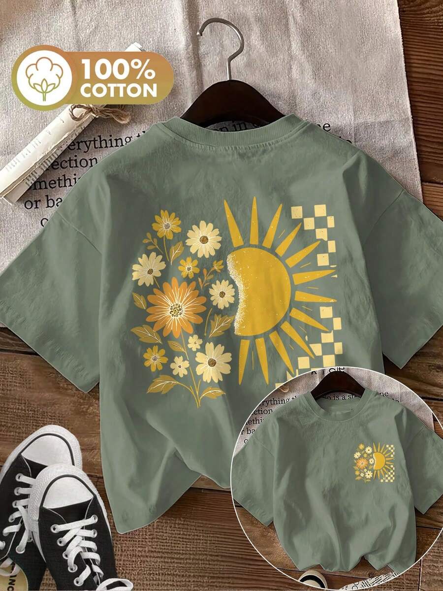 Camiseta de edición limitada con estampado gráfico, manga corta, cuello redondo, top casual para verano y primavera, ropa de mujer, algodón ligero. - Verde - Ver 1