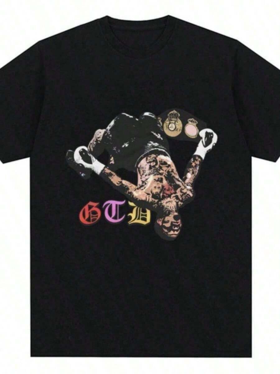 Cool Summer T-Shirt With Gervonta Davis Print, Vintage Style, For Men, Boxing Champion, Oversized 100% Cotton T-Shirts, Classic Short Sleeve, Urban Clothing, Blouses, Cool Summer T-Shirt, Unisex Style. - 黑色 - 查看 1