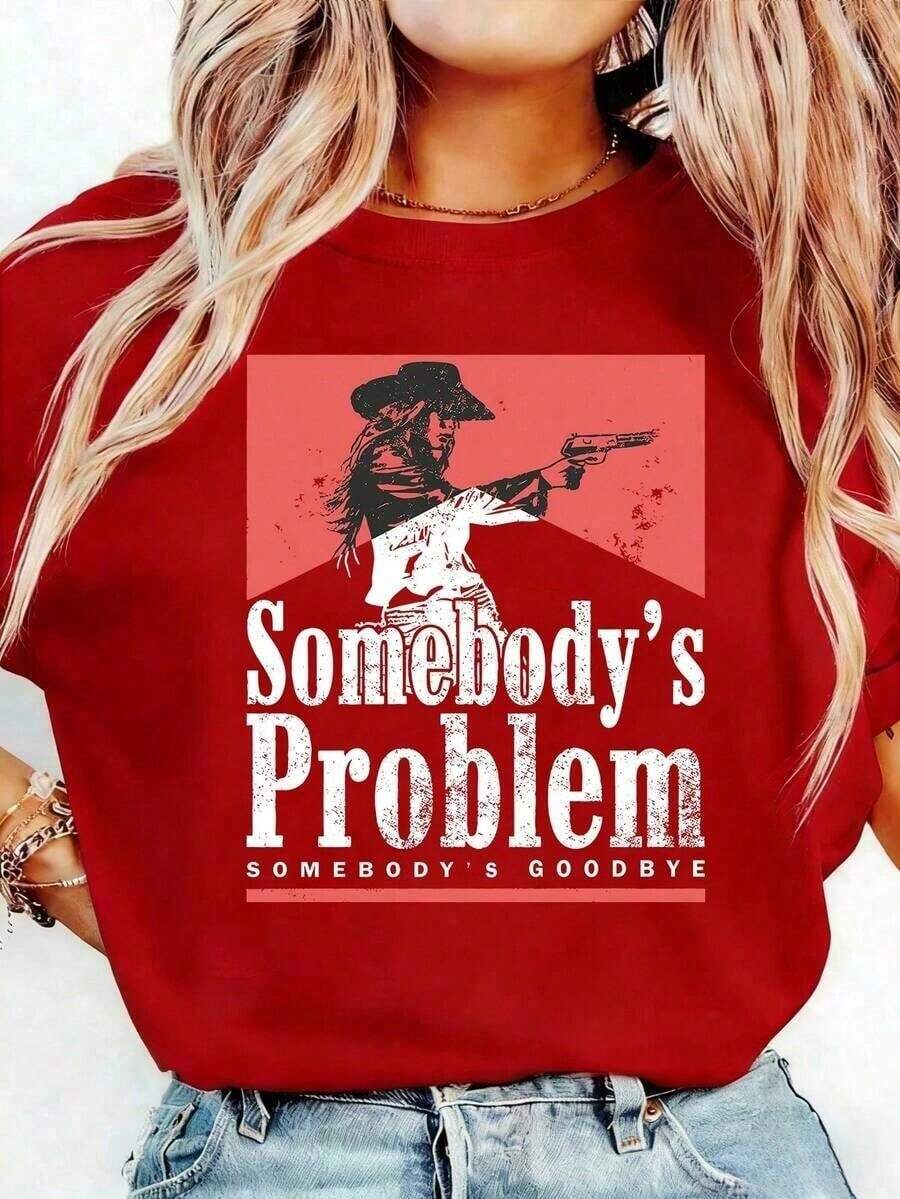 Camiseta de manga corta informal de verano para mujer con estampado vintage - Somebody's Problem, Somebody's Goodbye Cowgirl Rodeo Tops, ropa retro informal 100% algodón de manga corta - Camisetas para mujer y hombre. Nueva camiseta elegante. Camisetas informales de manga corta para hombre y mujer. - Rojo - Ver 1