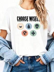 Women'S Fantasy Elemental Theme Short-Sleeve Tee With Sun, Water, Skull, Fire, Tree Icons & Choose Wisely Slogan Fun Design Comfortable And Soft Casual Daily Wear Top Ideal As A Giwoman Todo Tipo De Impresiones, Chaqueta, Camiseta De Cuello Redondo, Casual, Para Oficina, Para Viajar, Muy Popular, Viento Deportivo, Estampado/PatróN, Camiseta De AlgodóN 100%, Camiseta Casual, CóModa, Suave, Transpirable The Latest Popular Bestseller - Blanco - Ver 9