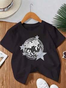Women's 100% Cotton T-Shirt, Short Sleeve T-Shirt With Glitter Disco Ball Print, Retro Style, The Perfect Birthday Gift, Party Gift - 黑色 - 查看 8