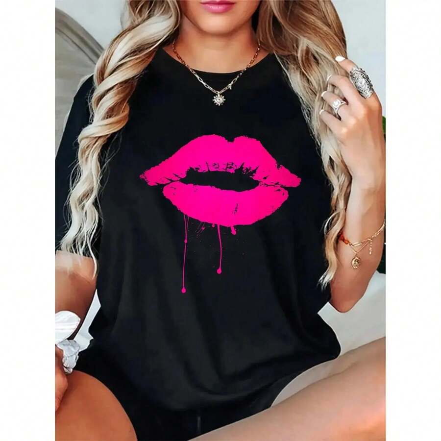 Camiseta Sexy de Algodón 100% con Estampado de Labios Rosados: Camiseta Casual de Manga Corta con Diseño de Beso de Lápiz Labial Estilo Neón de los 80 - Negro - Ver 1