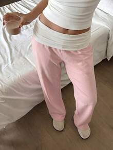Quần dài ống đứng màu hồng mùa hè Sunshine Girl, cạp chun bèo trắng, thiết kế phối màu, trang phục mặc nhà thoải mái, phong cách Y2K, phù hợp cho mùa tựu trường, thời trang đường phố và đi làm hàng ngày mùa xuân. - Hồng - Xem 9
