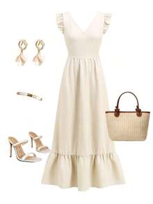 Vestido largo elegante de mujer con cintura fruncida y volantes, vestido de verano para vacaciones, vestido para citas - Albaricoque - Ver 7
