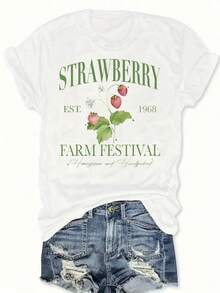 Camiseta de manga corta para mujer de talla grande, con estampado de Strawberry Farm Day, suave y elástica, informal, lavable a máquina, cómoda para todas las estaciones, camiseta con diseño divertido disponible en varios colores. - Blanco - Ver 8