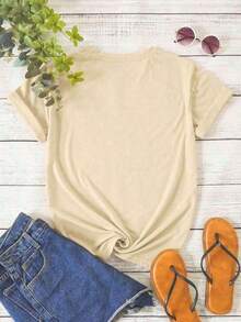 Cute Unisex Casual Premium T-Shirts2026 Summer ClothesSpring And Summer Women's Black Pattern Tees, Cute Casual Cartoon Character Letter Slogan Pattern Girls T Shirt, Theme Park Travel Clothing, Elegant And Decent, Travel And Tourism, Round Neck Fashion Short Sleeve TopsLoose And Comfortable Summer Tops - 杏色 - 查看 2