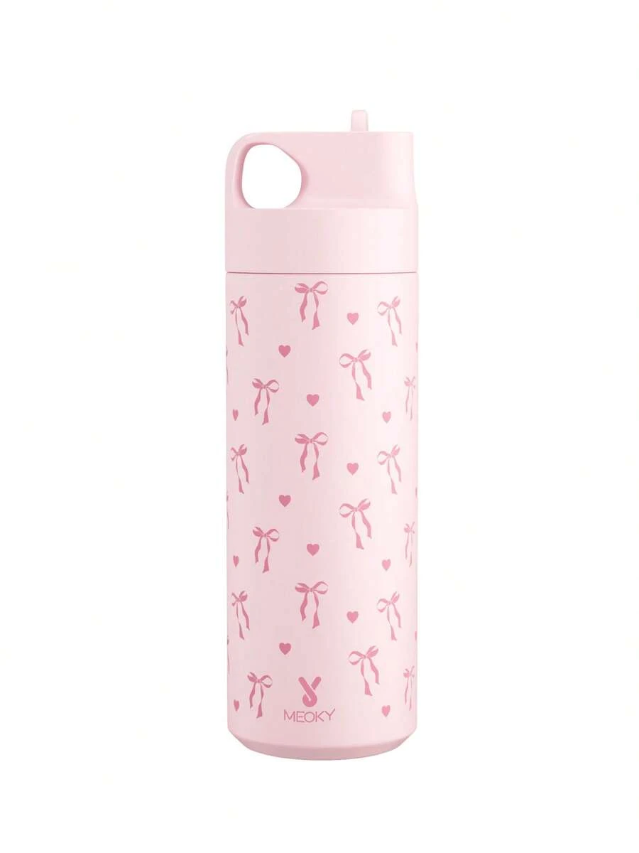 Meoky 18oz Stainless Steel Insulated Water Bottle With Pattern, Leak-Proof Portable Travel Mug With Straw, Suitable For School, Gym, Office, Outdoor Activities, Holds Hot & Cold Beverages