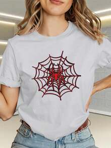 This Stylish Women's T-Shirt Features A Pink Spiderweb Design, Cartoon Letter Prints, A Crew Neck, And Is Made From Solid-Color Fabric. It's Comfortable And Breathable, Suitable For Everyday Casual Wear. Multifunctional And Practical. - 白色 - 查看 1