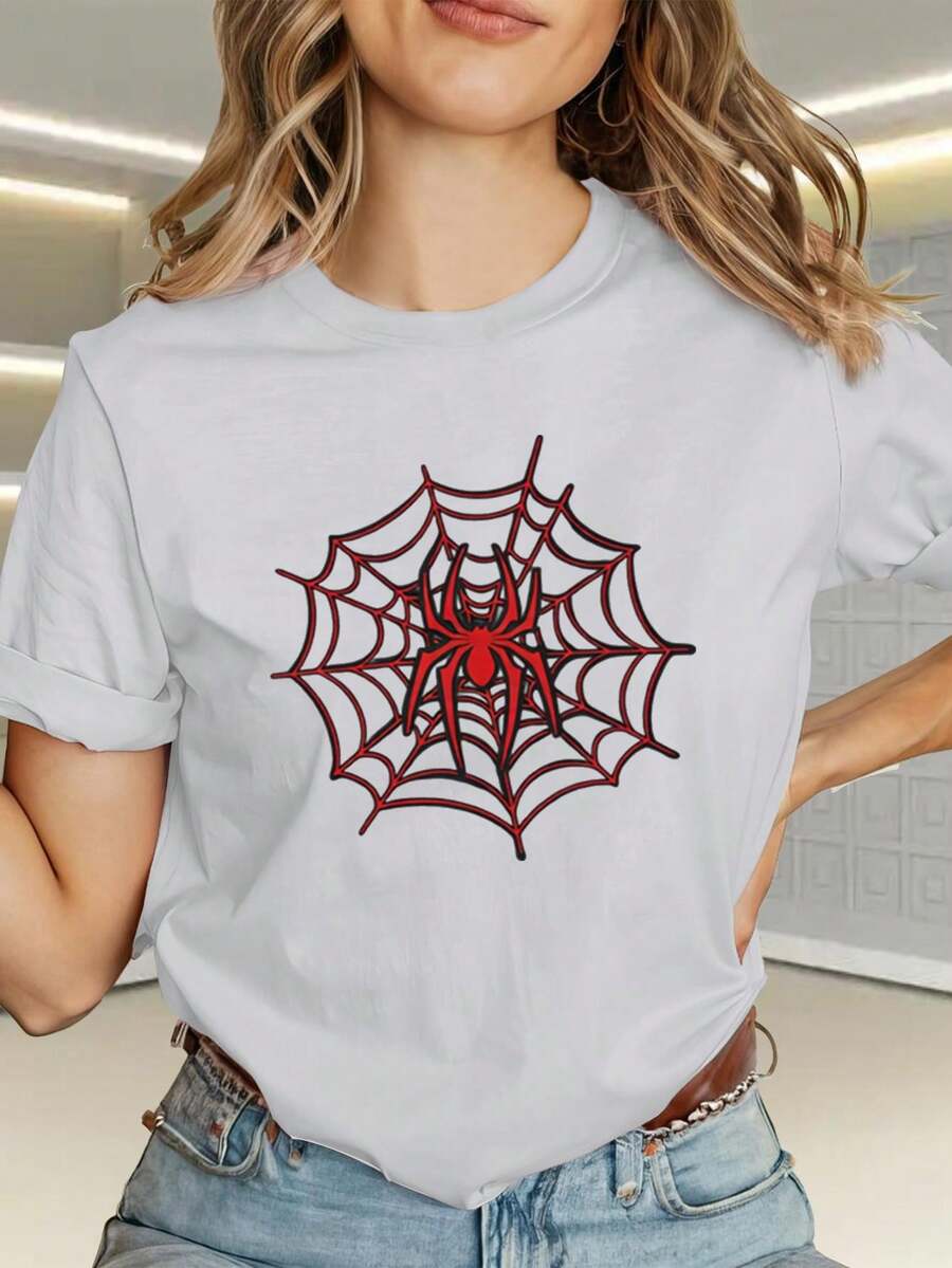 This Stylish Women's T-Shirt Features A Pink Spiderweb Design, Cartoon Letter Prints, A Crew Neck, And Is Made From Solid-Color Fabric. It's Comfortable And Breathable, Suitable For Everyday Casual Wear. Multifunctional And Practical. - 白色 - 查看 1