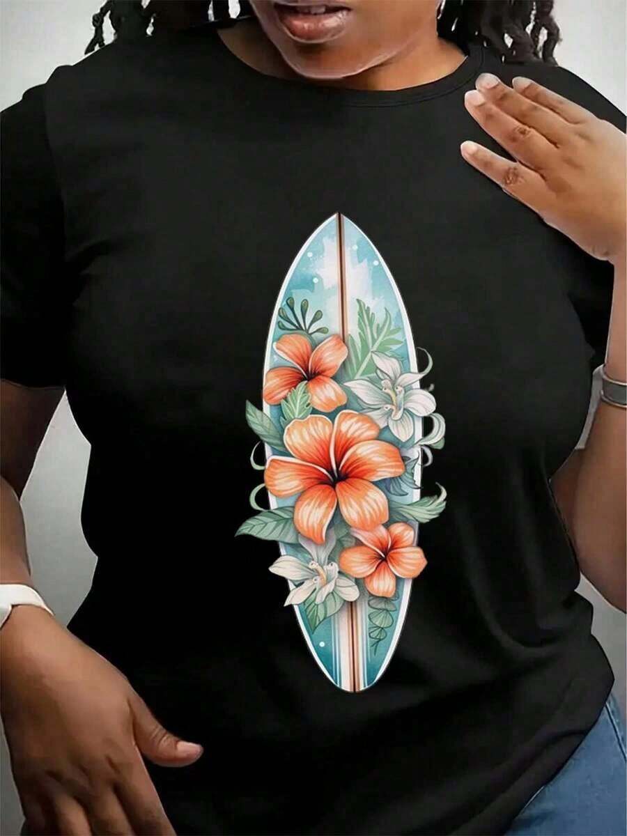 Camisa de Playa de Verano, Camiseta con Estampado de Flor de Aloha y Tabla de Surf, Camiseta con Estilo Playero, Camiseta de Surf Lista para Vacaciones, Camisa Estilo Hawaiano, Ropa de Vacaciones - Negro - Ver 1
