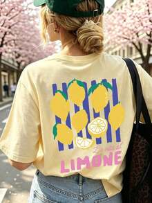 Camiseta de manga corta de cuello redondo con estampado de limón y letra INS, de moda simple y versátil, adecuada para mujeres,Playera Gráfica Oversized Mujer Verano Casual - Amarillo - Ver 7