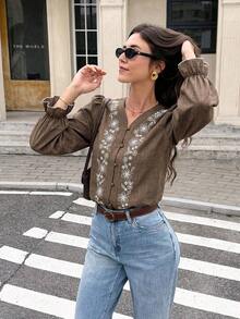 Camisa de manga larga con botones y bordados, elegante y casual para mujer - Marrón - Ver 6