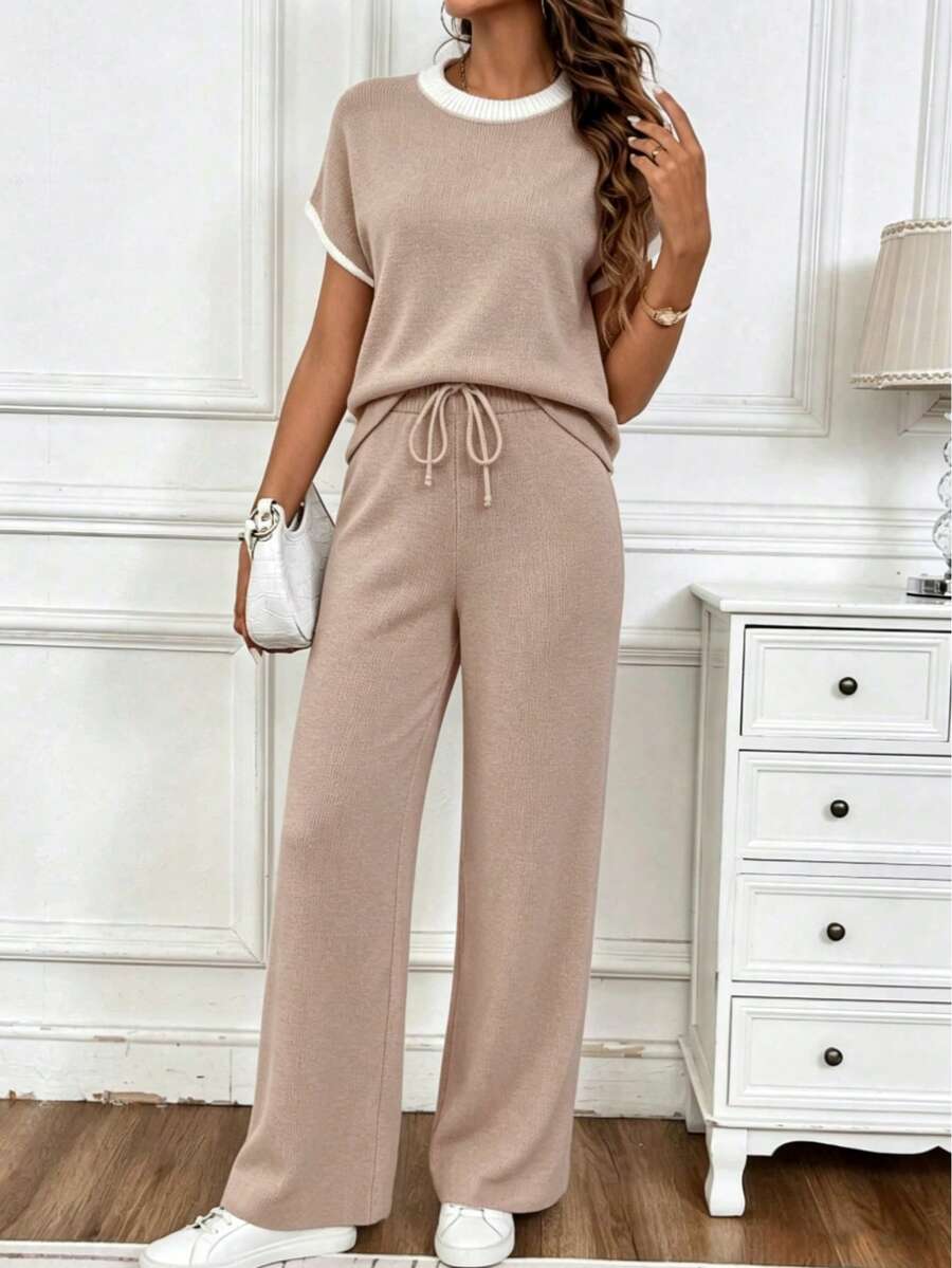 Plus Size Women Solid Color Casual Contrast Color Round Neck Knit Top And Knit Pants Set - Apricot - View 1