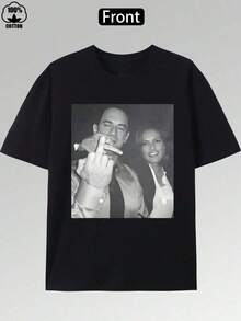 Men's Portrait Print T-Shirt, Casual Sports Top, Crew Neck, Short Sleeve, 100% Cotton - Comfortable And Breathable, Versatile For Casual Wear, Y2k Style, Suitable For All Seasons - 黑色 - 查看 8