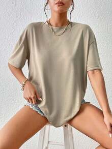 Camiseta de hombros caídos unicolor - Caqui - Ver 3