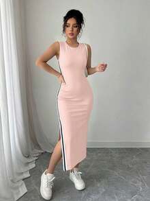 Vestido largo con abertura lateral decorativa de cinta bicolor negro y blanco de cuello redondo para mujeres - Rosa Pálido - Ver 5