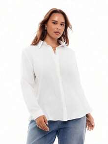 Camisa de manga larga con cuello vuelto y botones para mujer de talla grande, elegante camisa blanca de otoño - Blanco - Ver 3