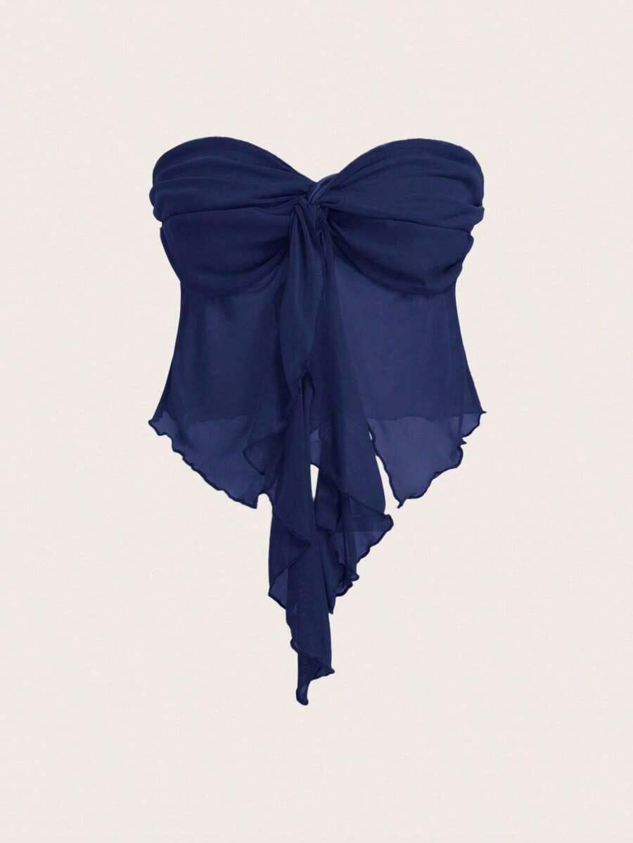 Top tubo de malla retorcida para mujer, uso casual minimalista para todos los días - Azul marino - Ver 1