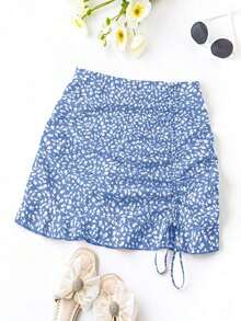 Ropa de vacaciones de verano casual de talla grande para mujer, falda con estampado floral delicado y cordón, atuendo de playa - Azul - Ver 6