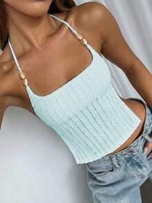 de tirantes ajustada de unicolor casual para mujer Vaiaye, con decoración de concha, textura de jacquard, adecuada para la playa, el Día de San Patricio y el trayecto al trabajo en verano - azul claro - Ver 10