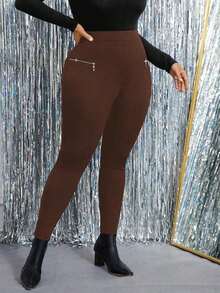 Pantalones pitillo elásticos de unicolor con cremallera decorativa, para uso casual diario en talla grande - Marrón - Ver 5