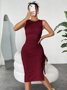 Vestido Sin Mangas De Punto De Albaricoque Ajustado Para Mujer - Burdeos - Ver 4