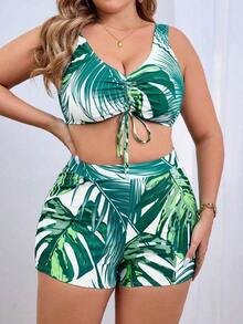 Conjunto de traje de baño estampado tropical de talla grande top de tirantes con cordón y kimono de verano para mujer moda 3 piezas - Turquesa - Ver 3
