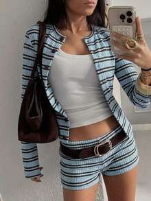 Conjunto de top de manga larga y pantalones cortos a rayas en marrón y azul, para primavera/otoño - Azul - Ver 8