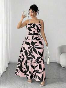 Vestido elegante de mujer talla grande con tirantes finos, cintura fruncida y diseño evasé, con estampado de hojas de dos colores, diseño evasé estilizador, elegante y sofisticado, adecuado para volver al colegio, graduación, San Valentín, festiva - Rosa - Ver 4
