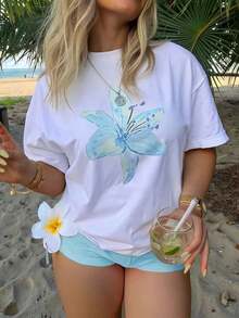 1 Piece Of White Women's T-Shirt With Blue Lily Flower Print, Round Neck, Casual Cotton T-Shirt, Medium Elasticity Knit Fabric, Regular Fit For Ladies, Ideal For Spring/Summer/Autumn. - 白色 - 查看 1