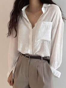 Camisa de bolsillo de un solo pecho sólido, Ropa de mujer de manga larga para otoño - Blanco - Ver 9