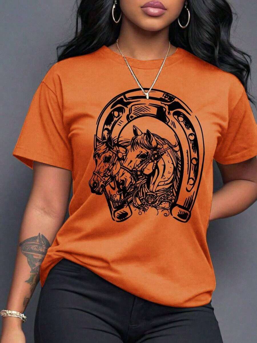 Camiseta de mujer con estampado de caballo de dibujos animados y cuello redondo, camisetas gráficas de mujer - Naranja - Ver 1