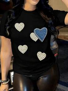 Solva Camiseta de manga corta, cuello redondo, con corazón y perlas de imitación, de corte regular para mujer, para el verano Camiseta femenina casual con detalles de corazones bordados holgada de cuello redondo y manga corta para primavera-verano ideal para uso diario 100% algodón, estilo Y2K Bababask - Negro - Ver 1