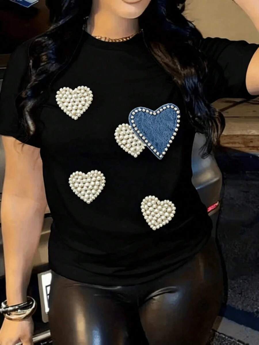 Solva Camiseta de manga corta, cuello redondo, con corazón y perlas de imitación, de corte regular para mujer, para el verano Camiseta femenina casual con detalles de corazones bordados holgada de cuello redondo y manga corta para primavera-verano ideal para uso diario 100% algodón, estilo Y2K Bababask - Negro - Ver 1